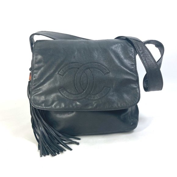 CHANEL CC Coco Mark Tassel Fringe Messenger Bag Shoulder Lambskin Women's Black - Picture 1 of 10